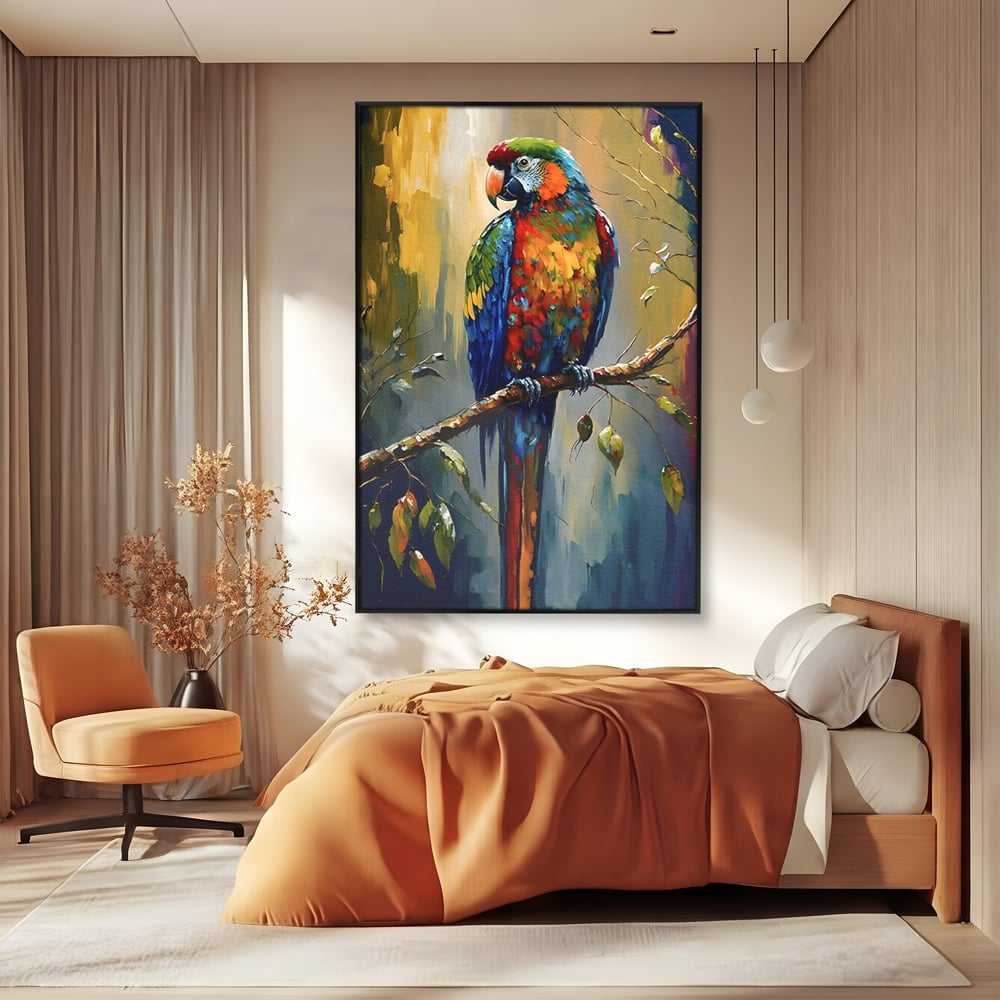 Tablou canvas cu tablou canvas cu papagal colorat, in rama de aluminiu negru, pe perete intr-un dormitor